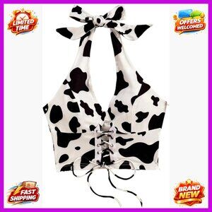 Women's Cow Print Backless Halter Neck Smocked Crop Top Tank